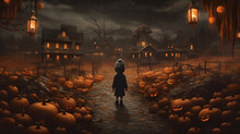 A Child Standing On A Pathway Lined With Jack-O-Lanterns Leading To A Spooky Village