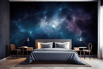 Wall Mural - bedroom interior at night with space and stars. Dreams and fantasies about traveling to universes and galaxies. Generative AI