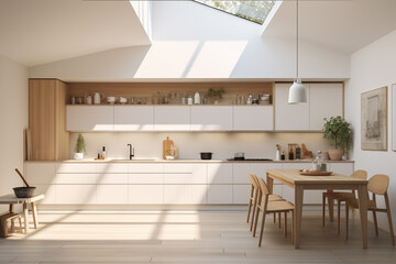 a contemporary soft white kitchen is lit with sun beams coming in from the left without people prese