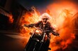 Senior old lady riding motorcycle on fire in the style of rocker adventurer