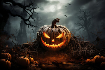 Wall Mural - Spooky Halloween jack-o'-lantern pumpkin carving photo for festive wallpaper,