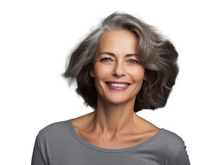 Beautiful smiling woman aged 50 model with natural makeup clean face beige warm background, isolated, anti aging care, natural beauty concept, cosmetology and wellness concept, png