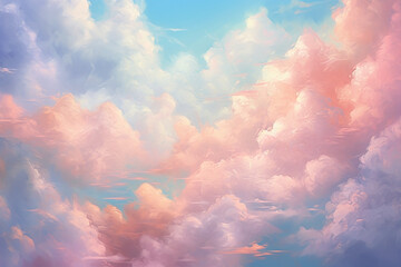 Wall Mural - Background of fluffy baby pink and blue pastel cotton candy clouds in the sky. Generative AI  