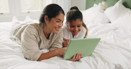 Poster - Family, bed and tablet in a home with digital education and game with website streaming. House, bedroom and mother with young girl relax together with learning and child smile on a app with tech