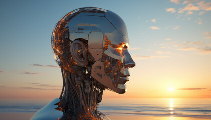 Wall Mural - abstract digital cyborg face. artificial intelligence concept. future head data network technology