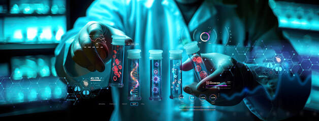 scientist holding medical testing tubes or vials of medical pharmaceutical research with blood cells