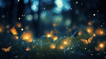 Magic Forest Floor Background With Fireflies And Illuminated Butterflies
