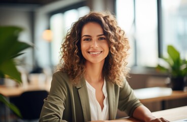 Poster - Young smiling businesswoman sitting at her desk in a light-filled modern office