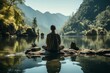 A cinematic moment captures an individual deep in meditation beside a tranquil lake, embracing a complete digital detox retreat.