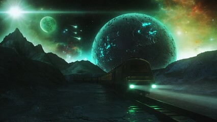 Wall Mural - Waiting for the Cosmic Train - Loop Space Fantasy Landscape Background Wallpaper V2