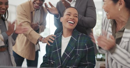 Canvas Print - Black woman, congratulations and business team applause, happiness and celebrate winning, success or growth. Winner, thank you and people clapping for promotion opportunity, goals or PC announcement