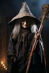 Wall Mural - old scary witch with broom in hat and black costume on dark background. Generative AI illustration
