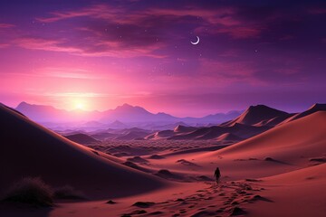 Wall Mural - Sands of Radiance: Unveiling the Mesmeric Sight of a Pink Desert Bathed in the Glorious Glow of a Starry Night Sky Generative AI