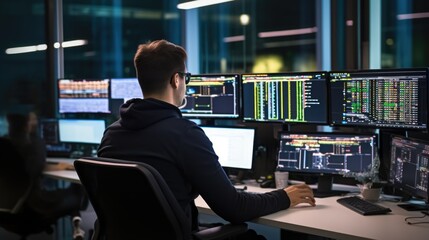 Wall Mural - web developer coding on multiple screens in a tech-filled office generative ai