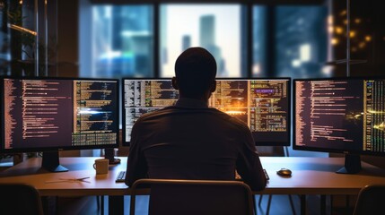 Wall Mural - web developer coding on multiple screens in a tech-filled office generative ai