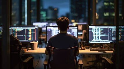 Wall Mural - web developer coding on multiple screens in a tech-filled office generative ai