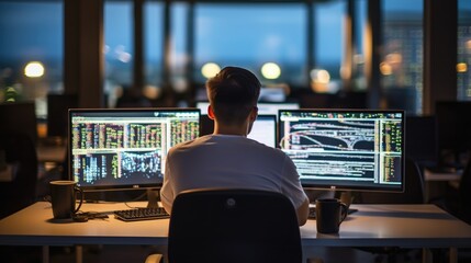 Wall Mural - web developer coding on multiple screens in a tech-filled office generative ai