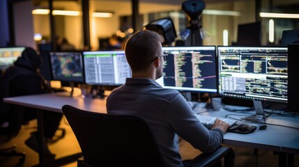 Wall Mural - web developer coding on multiple screens in a tech-filled office generative ai