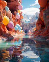 Romantic landscape concept. Colourful balloons are floating between fiords. Travel, honeymoon, nature theme. AI generated digital design. 