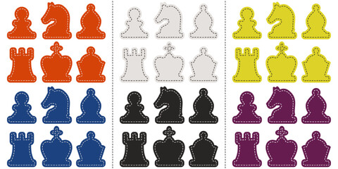 Leinwandbilder - Set of stickers from chess pieces. Different color variations of stickers with dotted edges. Funny chess stickers.