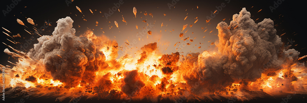 Explosion Header Explosion with red flames and rising smoke. captured in frames with a ...