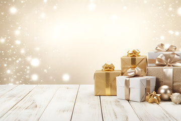 Wall Mural - Christmas gift boxes on wood table decorations with lights bokeh blurred background, AI generate