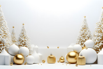 Wall Mural - Empty blank space golden Christmas balls and trees decorations in white wall room background, AI generate