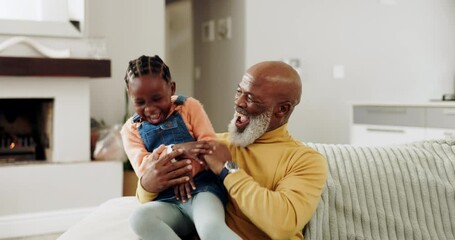 Poster - Playing, grandfather and girl laugh on sofa for bonding, relationship and relax in living room. African family, happy and grandpa with child at home having fun on couch for embrace, cuddle and love