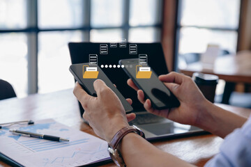 businessman using smartphone with data folder file for exchange information, file sharing isometric.