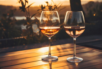 two white wine glasses on wooden table in afternoon sunset in beautiful garden 