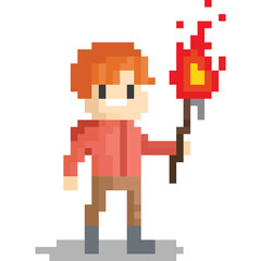 Wall Mural - Pixel art man holding the fire torch