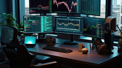 The side view from a computer desk with multiple screens displaying stock market trading and candle stick charts. beautiful Generative AI AIG32