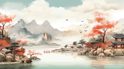 Chinese painting style landscape. Asian traditional culture illustration drawing ratio 16:9 photo