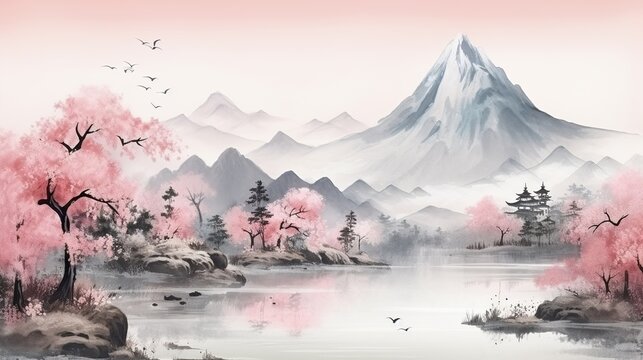 Chinese painting style landscape. Asian traditional culture illustration drawing ratio 16:9 photo