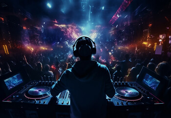 Wall Mural - DJ playing and mixing music in nightclub party at night . EDM dance music club with crowd of young people celebrating the energetic youth lifestyle .. Peculiar AI generative image realistic image