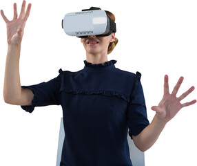 Sticker - Digital png photo of caucasian woman using vr headset on transparent background