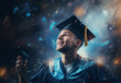 Double exposure photo of Young man throwing graduation cap technology background realistic image, ultra hd, high design very detailed