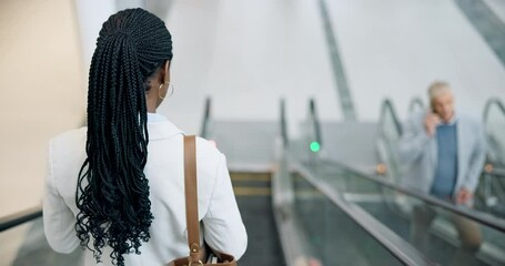 Sticker - Travel, escalator and business woman in an office building for a meeting or entrance. Back of African entrepreneur person in lobby at convention center, airport or conference for professional work