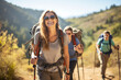 © ribalka yuli - Smiling woman hiker with backpack looking at camera with group of friends hikers rises to the top of the hill