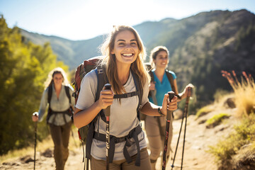 smiling woman hiker with backpack looking at camera with group of friends hikers rises to the top of