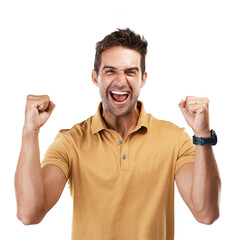 Excited, yes portrait and man with celebration and fist for motivation and success from bonus. Male person, happy and smile from achievement cheer and winner isolated on a transparent, png background