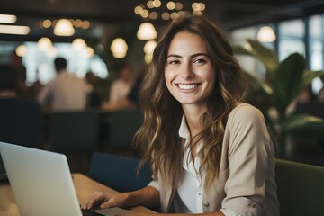 Female web developer sitting with a laptop in an office. generative AI