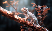 An Cold Blooded Albino Lizard Or Komodo Dragon On A Branch In The Sunshine In The Jungle Habitat. Exotic, Odd And Intruiging Wild Animal, Flora And Fauna Photography