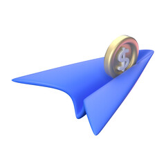 paper plane with coin 3d office business financial icon