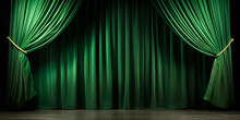 Green Curtain Closes On Stage Background.  Dramatic Theater Curtain Scene