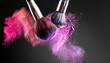 Cosmetic brushes and explosion colorful powders on black background. Make up brush with powder