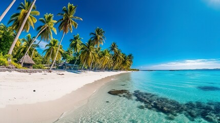 Wall Mural - Tropical paradise beach with white sand and crystal clear blue water. Beautiful natural summer vacation holidays background. Travel tourism wide panorama background concept. 