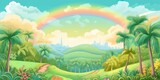 Fototapeta Las - A Cartoon Children Page with a Rainbow and Palm Trees. A Fun and Educational Adventure. AI Generative