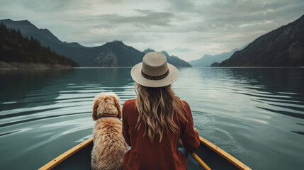 A girl in a white hat travels with a dog in a boat. She and her dog are best friends. Background with a view of the mountains and the back side of a tourist woman with a boat.