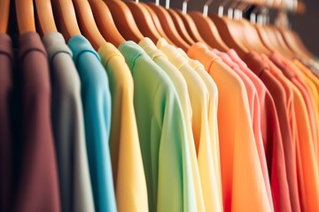 Colorful clothes on a clothing rack, pastel colorful closet in a shopping store or bedroom, rainbow color clothes choice on hangers, home wardrobe concept image. 